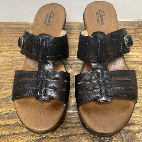 Clarks Black Bendables‎ Slip On Sandals 6M Open Back Leather Upper - Picture 1 of 11